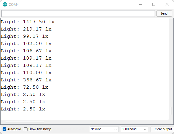ESP8266 NodeMCU With BH1750 Ambient Light Sensor Using Arduino 9 BH1750 readings serial monitor