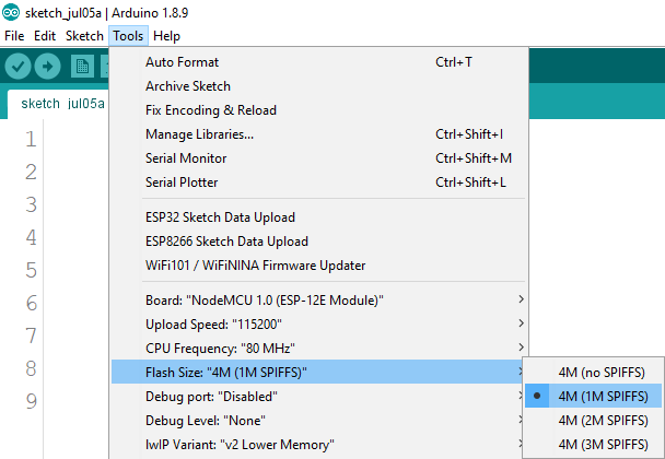Install ESP8266 SPIFFS Filesystem Uploader in Arduino IDE 9 ESP8266 Select SPIFFS FS Filesystem size in Tools menu using Arduino IDE