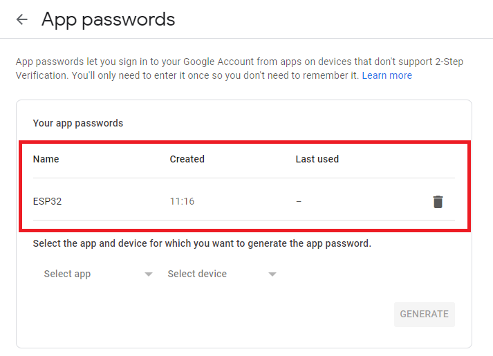 Send Email from ESP32 via SMTP Server (Arduino IDE) 5 Gmail app password created for ESP32 send emails