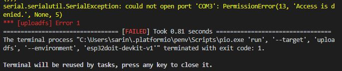Use ESP32 with VS Code & Platformio IDE to Upload Files to Filesystem (SPIFFS) 7 Upload filesystem image ESP32 VS Code PlatformIO Access Denied Error