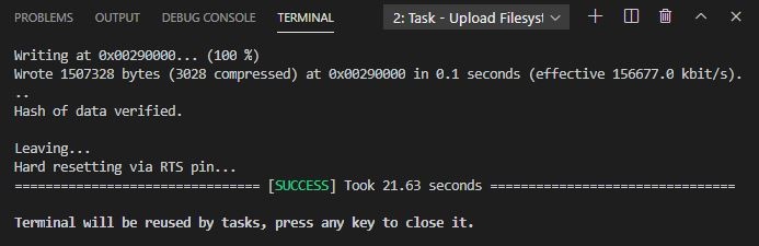 Use ESP32 with VS Code & Platformio IDE to Upload Files to Filesystem (SPIFFS) 6 Upload filesystem image ESP32 VS Code PlatformIO success message