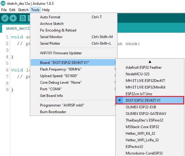 Install ESP32 Board in Arduino IDE in less than 1 minute 7 Arduino IDE select the ESP32 board in Tools menu